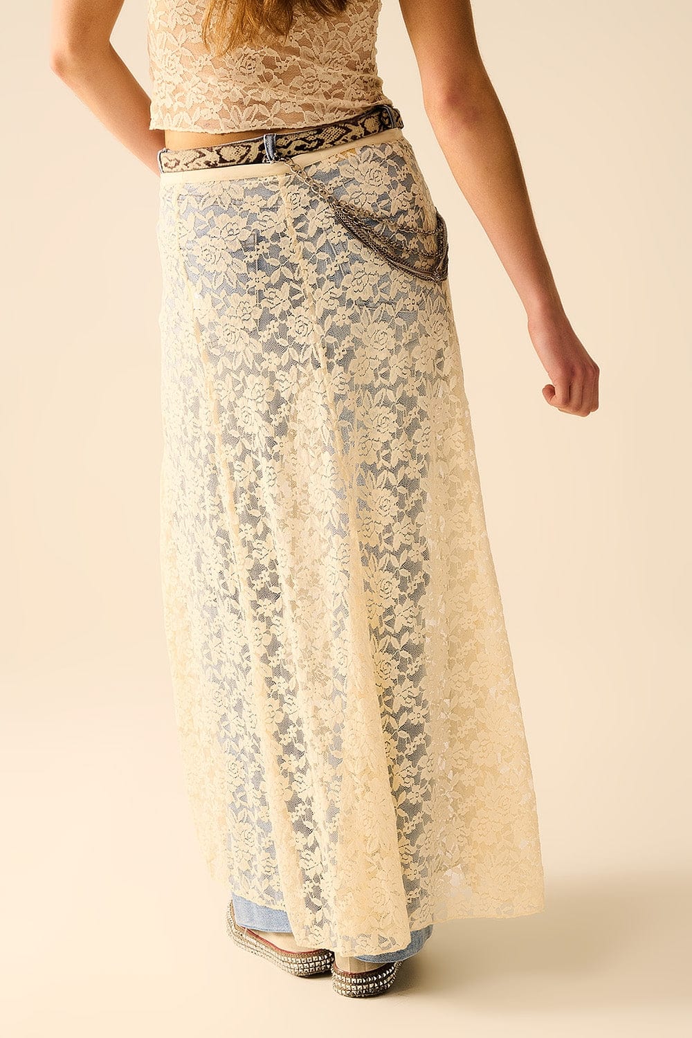 Q2 Women's Skirt Beige Lace Maxi Skirt With Floral Design