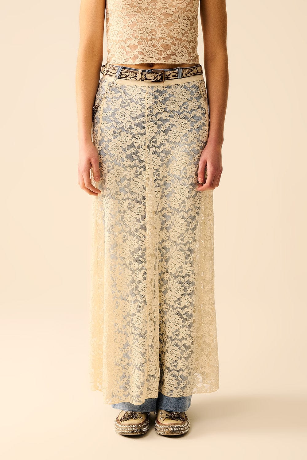 Q2 Women's Skirt Beige Lace Maxi Skirt With Floral Design