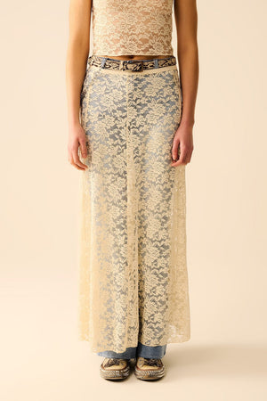 Q2 Women's Skirt Beige Lace Maxi Skirt With Floral Design