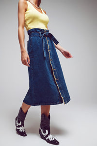 Q2 Women's Skirt Belted Buttoned Denim Maxi Skirt