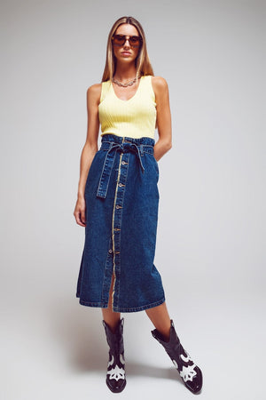 Q2 Women's Skirt Belted Buttoned Denim Maxi Skirt