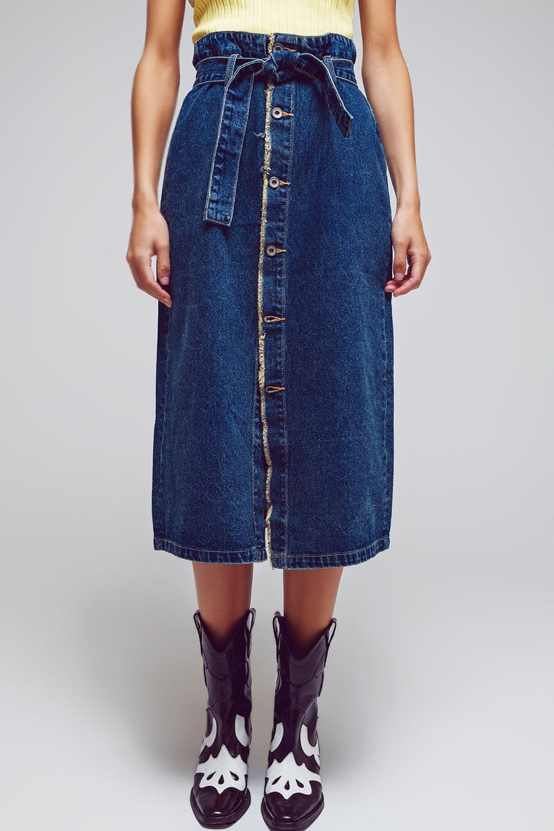 Q2 Women's Skirt Belted Buttoned Denim Maxi Skirt