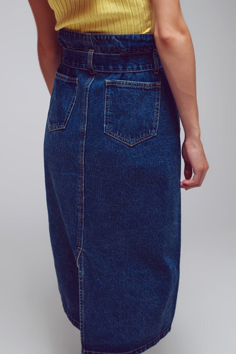 Q2 Women's Skirt Belted Buttoned Denim Maxi Skirt