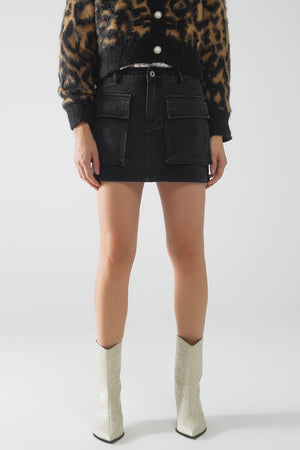 Q2 Women's Skirt Black Denim Miniskirt With Cargo Pockets