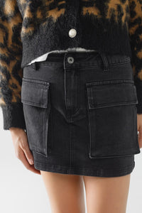 Q2 Women's Skirt Black Denim Miniskirt With Cargo Pockets