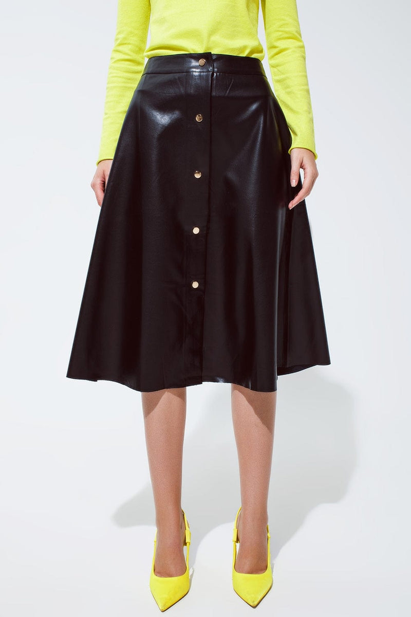 Q2 Women's Skirt Black Leatherette Buttoned Midi Skirt