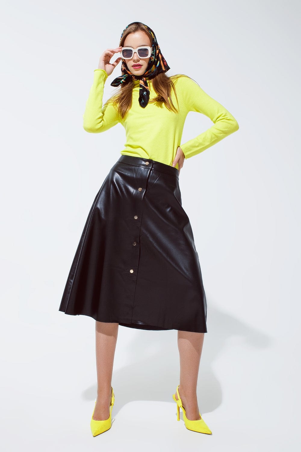 Q2 Women's Skirt Black Leatherette Buttoned Midi Skirt