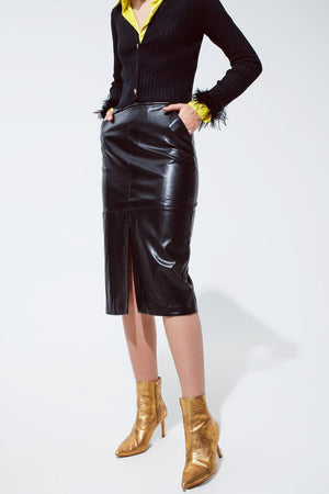 Q2 Women's Skirt Black Leatherette Pencil Cut Skirt