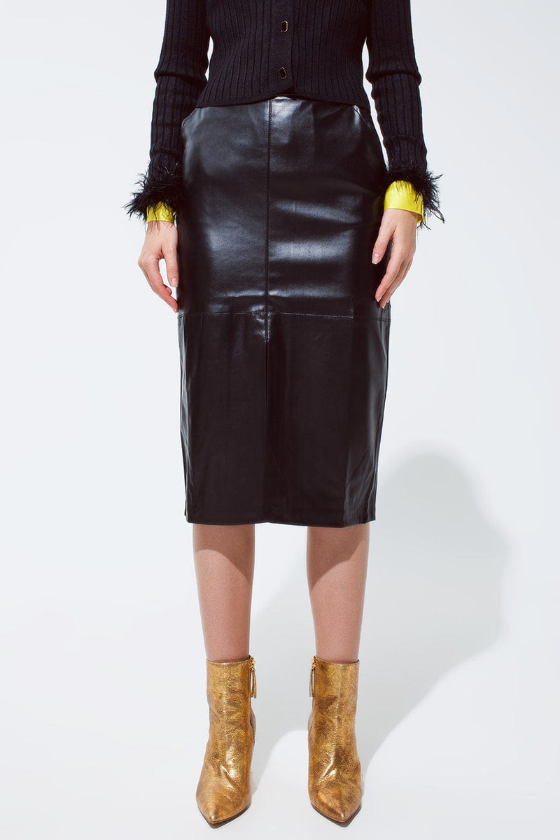 Q2 Women's Skirt Black Leatherette Pencil Cut Skirt