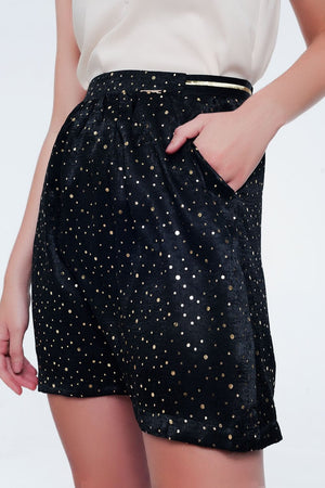 Q2 Women's Skirt Black Mini Skirt with Pleats in Gold Polka Dot