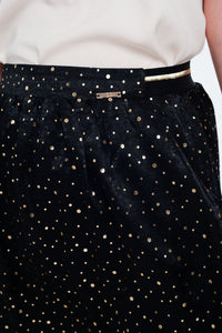 Q2 Women's Skirt Black Mini Skirt with Pleats in Gold Polka Dot