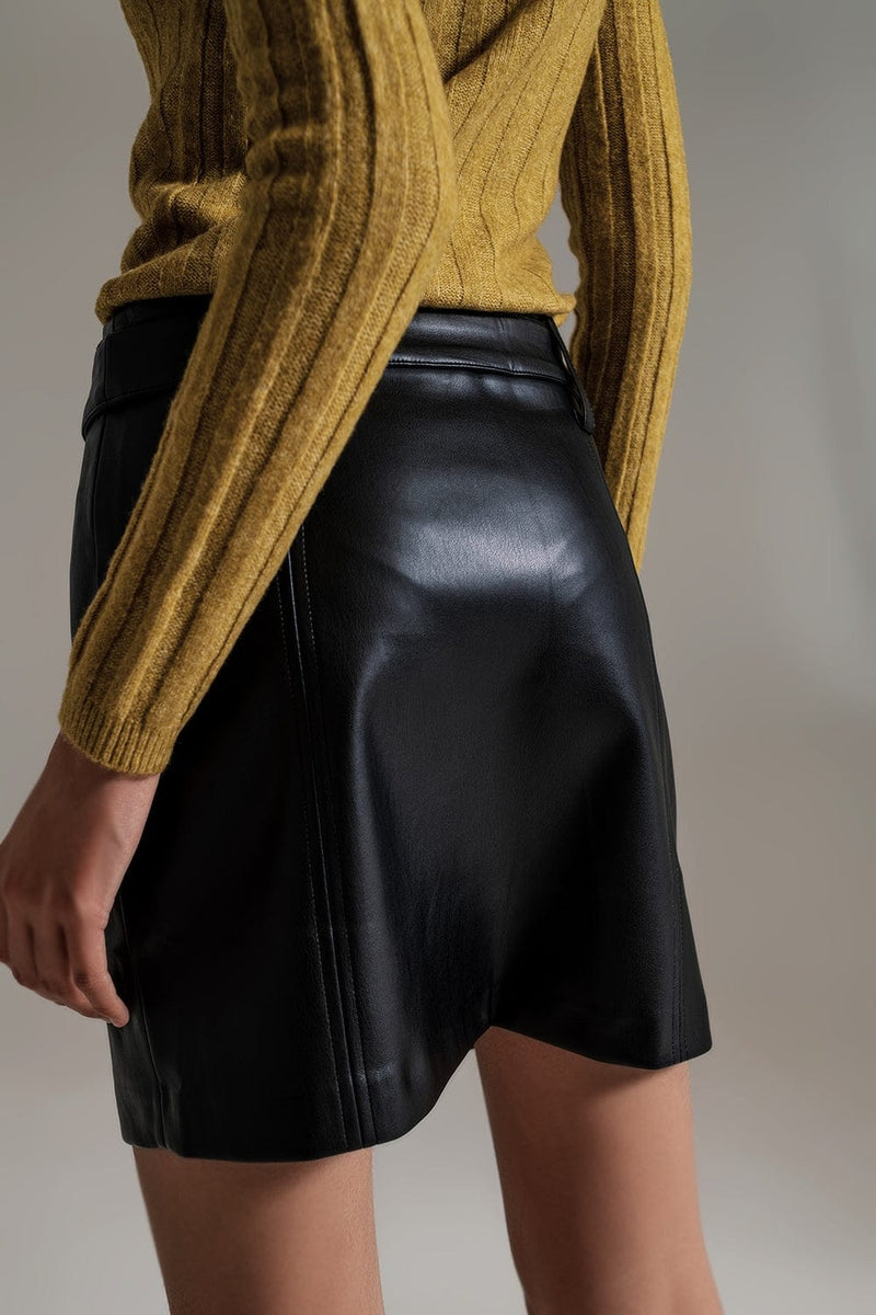 Q2 Women's Skirt Black Straight Faux Leather Mini Skirt With Belt
