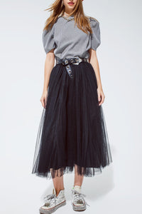Q2 Women's Skirt Black Tulle Midi Skirt With Elastic Waist