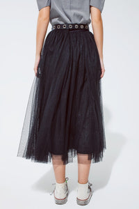 Q2 Women's Skirt Black Tulle Midi Skirt With Elastic Waist