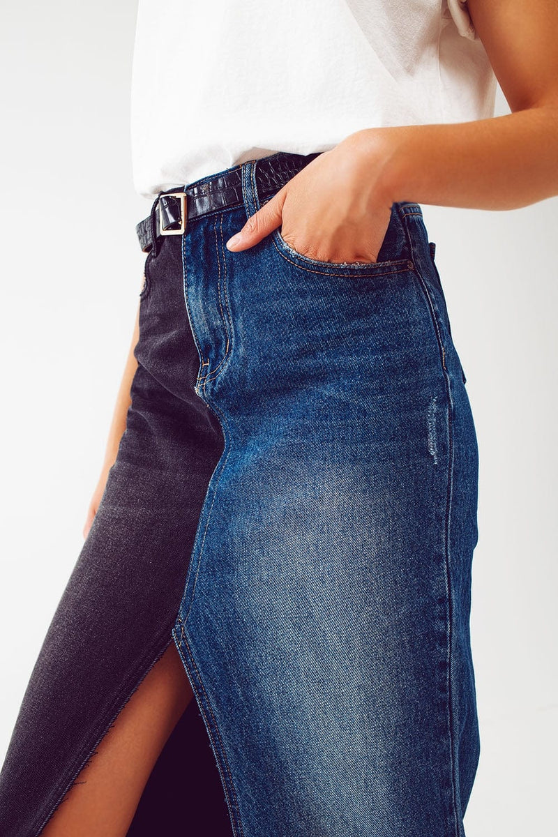 Q2 Women's Skirt Blue And Black Block Denim Skirt