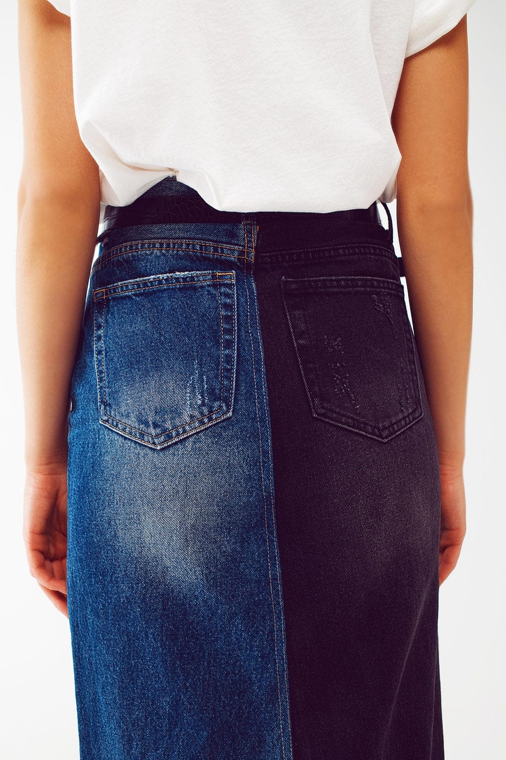 Q2 Women's Skirt Blue And Black Block Denim Skirt