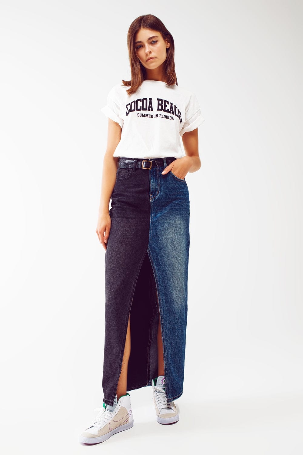 Q2 Women's Skirt Blue And Black Block Denim Skirt