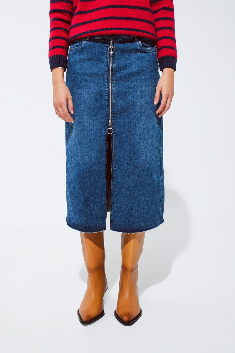 Q2 Women's Skirt Blue Maxi Demin Skirt With A Long Zipper Chunky Zipper Down The Front In Medium Wash