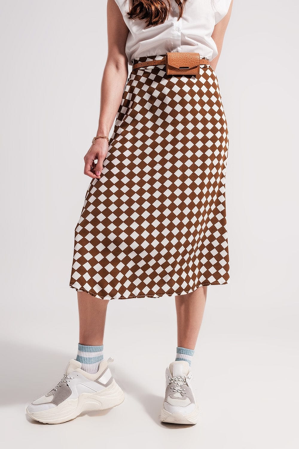 Q2 Women's Skirt Brown Checkerboard Midi Skirt