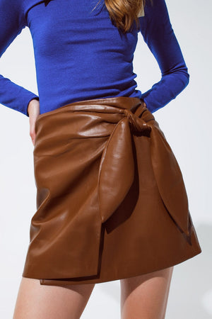 Q2 Women's Skirt Brown Faux Leather Mini Skirt With Bow On The Side
