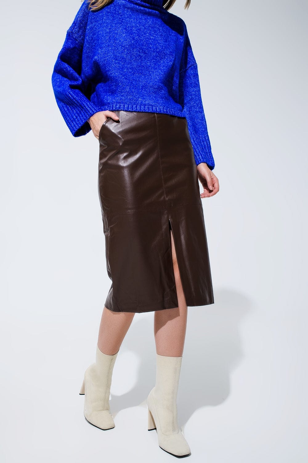 Q2 Women's Skirt Brown Leatherette Pencil Cut Skirt