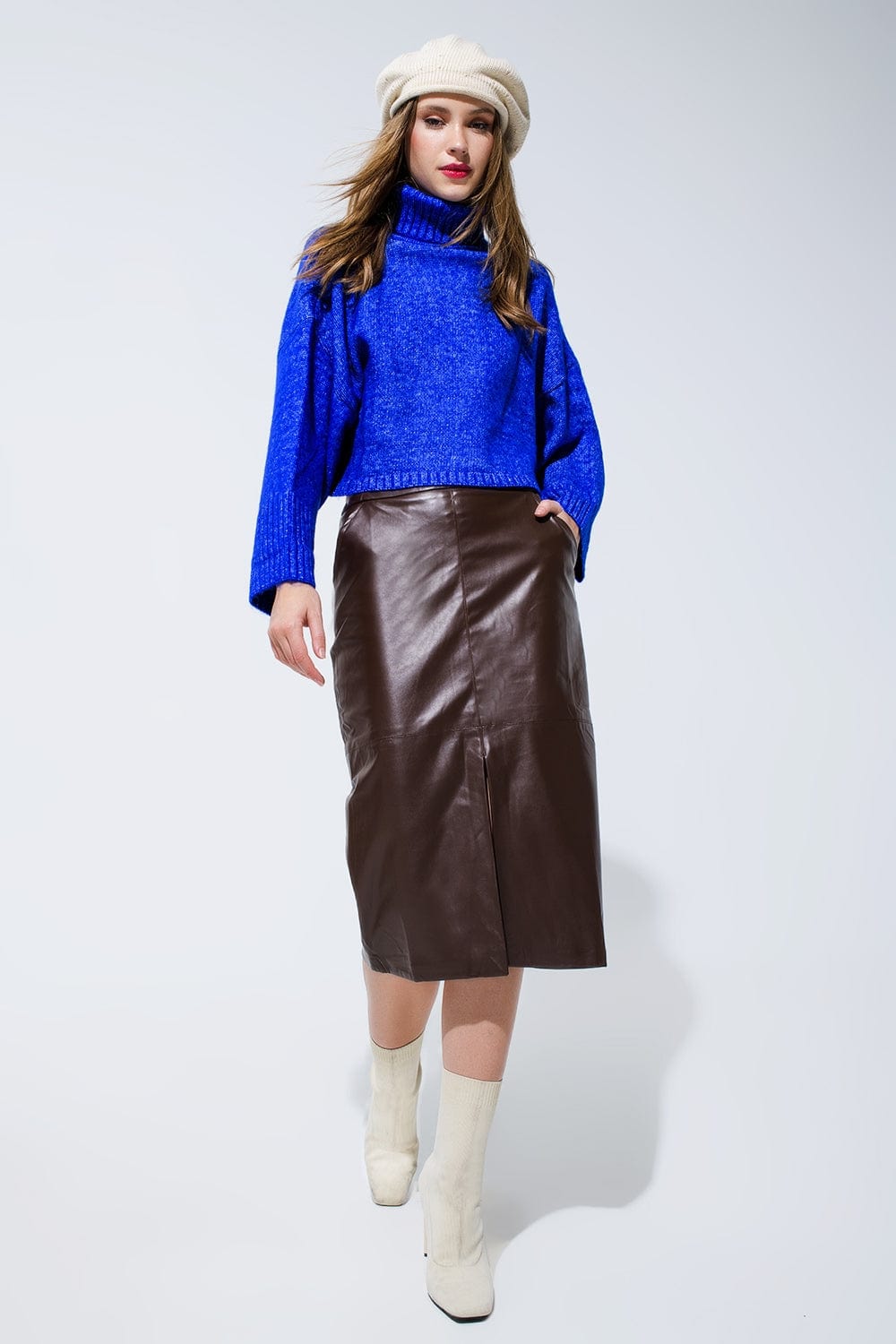 Q2 Women's Skirt Brown Leatherette Pencil Cut Skirt
