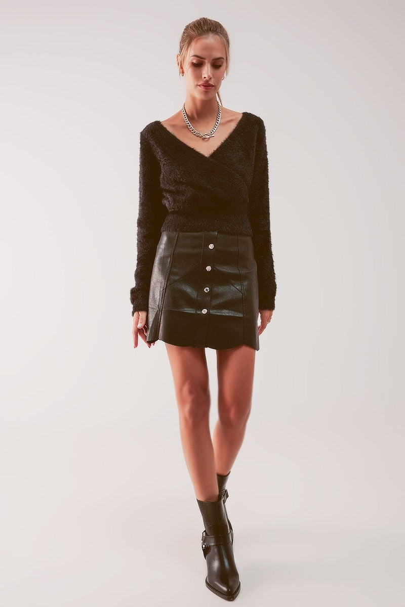 Q2 Women's Skirt Button Through Mini Skirt in Black
