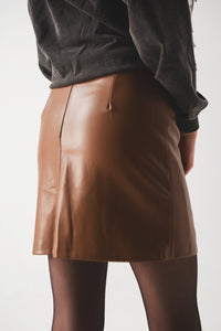 Q2 Women's Skirt Camel Leather Effect Miniskirt