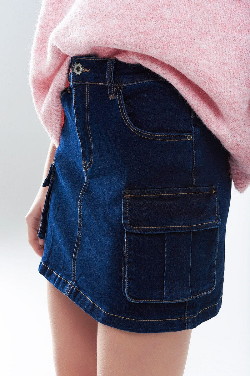 Q2 Women's Skirt Cargo Denim Skirt In Dark Wash With Contrasting Stitching