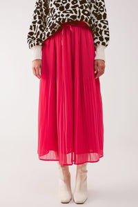 Q2 Women's Skirt Chiffon Pleated Midi Skirt in Fuchsia