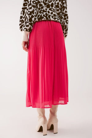 Q2 Women's Skirt Chiffon Pleated Midi Skirt in Fuchsia