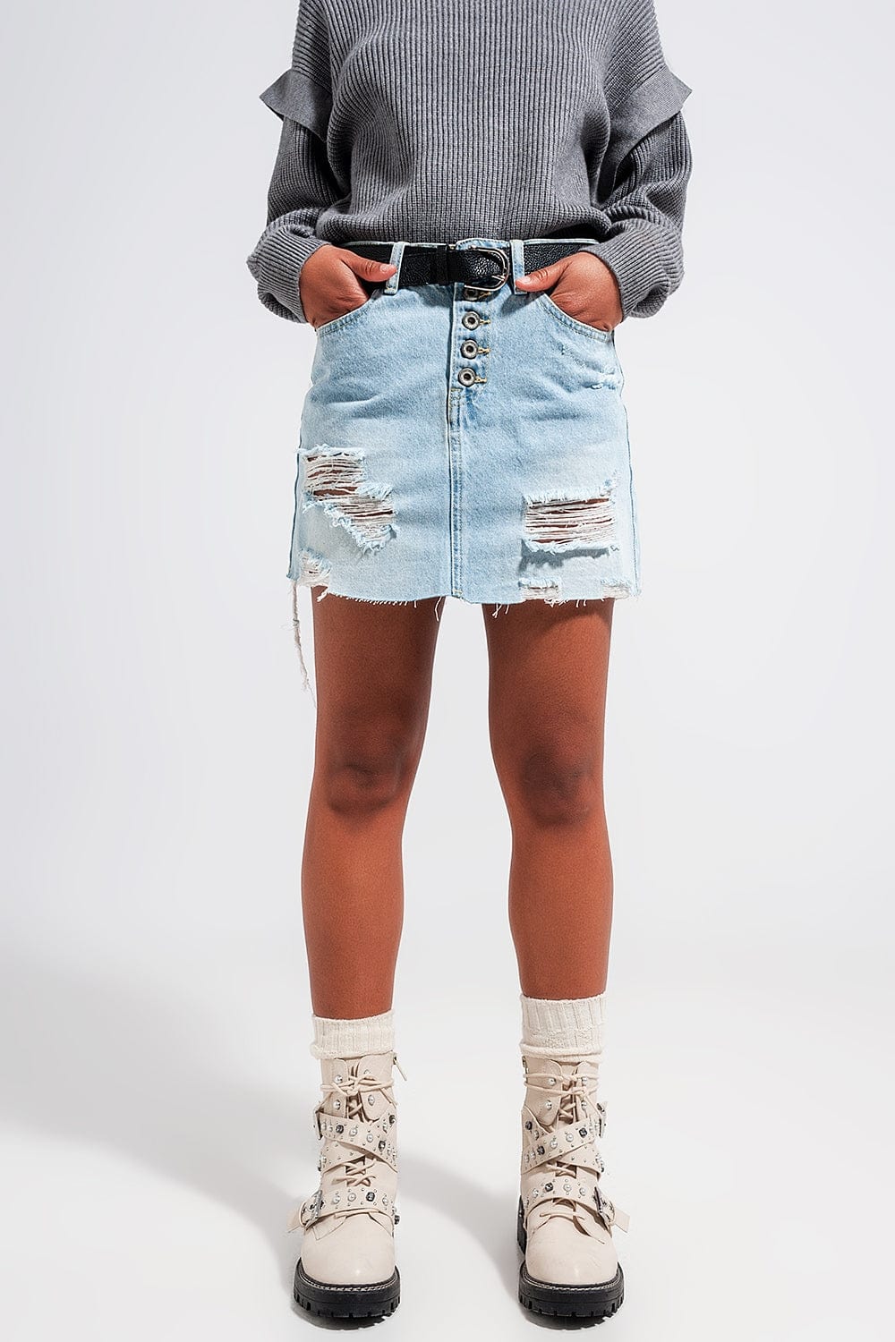 Q2 Women's Skirt Denim Button Through Mini Skirt in Light Blue