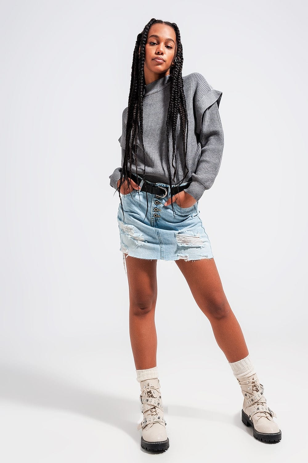 Q2 Women's Skirt Denim Button Through Mini Skirt in Light Blue