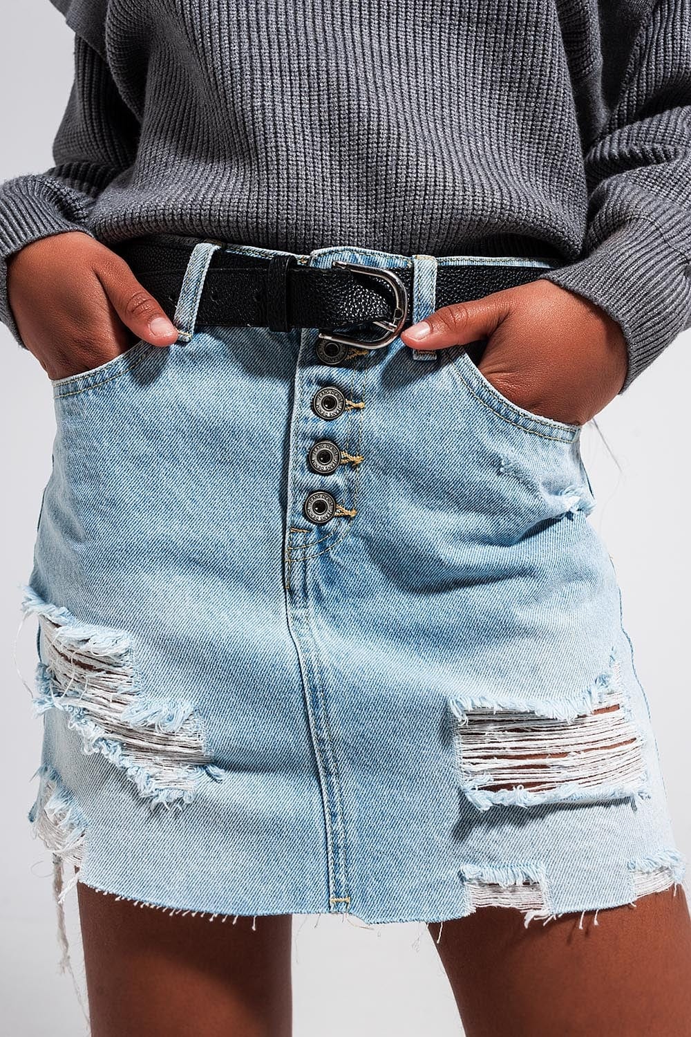Q2 Women's Skirt Denim Button Through Mini Skirt in Light Blue