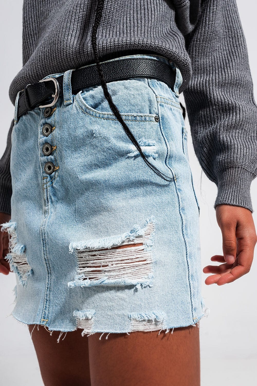 Q2 Women's Skirt Denim Button Through Mini Skirt in Light Blue