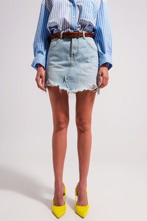 Q2 Women's Skirt Denim Mini Skirt with Raw Hem in Light Wash Blue