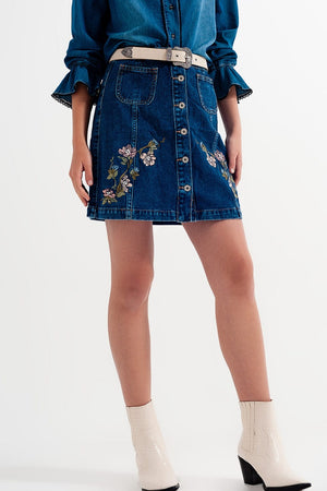 Q2 Women's Skirt Denim Skirt with Flower Embroidery and Front Buttons