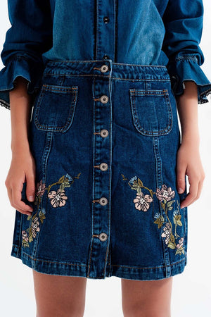 Q2 Women's Skirt Denim Skirt with Flower Embroidery and Front Buttons