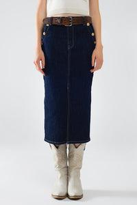 Q2 Women's Skirt Denim Skirt With Front Slit And Gold Buttons On Sides