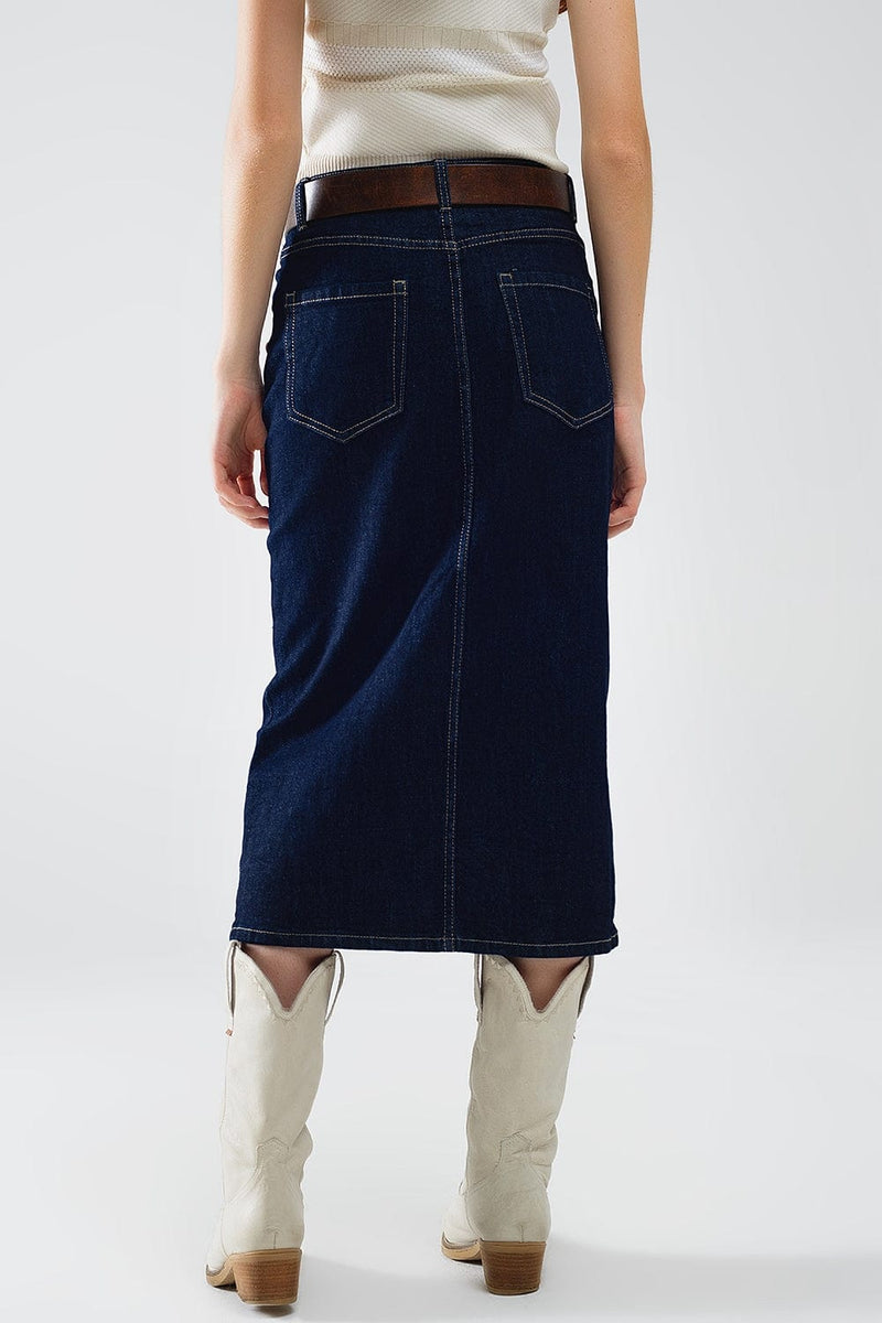 Q2 Women's Skirt Denim Skirt With Front Slit And Gold Buttons On Sides