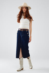 Q2 Women's Skirt Denim Skirt With Front Slit And Gold Buttons On Sides