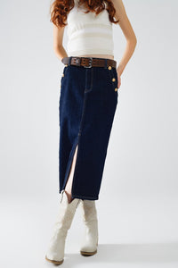 Q2 Women's Skirt Denim Skirt With Front Slit And Gold Buttons On Sides