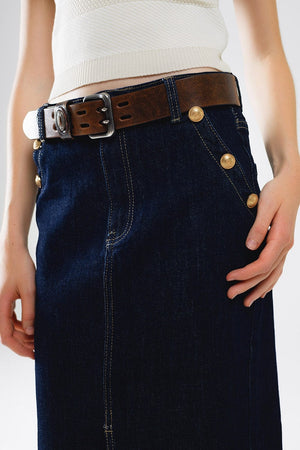 Q2 Women's Skirt Denim Skirt With Front Slit And Gold Buttons On Sides