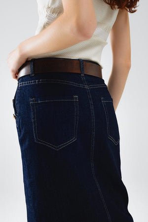 Q2 Women's Skirt Denim Skirt With Front Slit And Gold Buttons On Sides