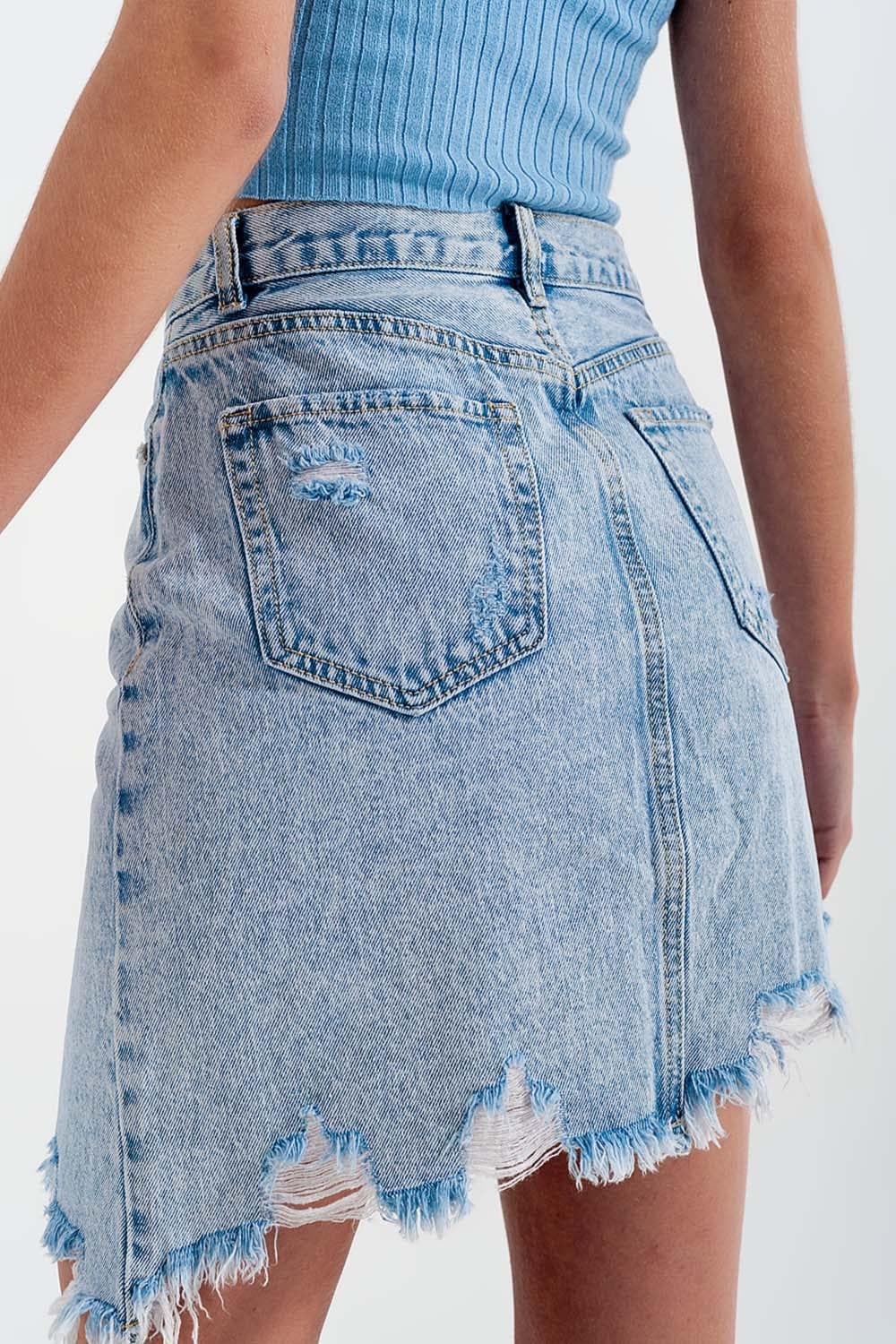 Q2 Women's Skirt Distressed Denim Skirt in Bleach Wash