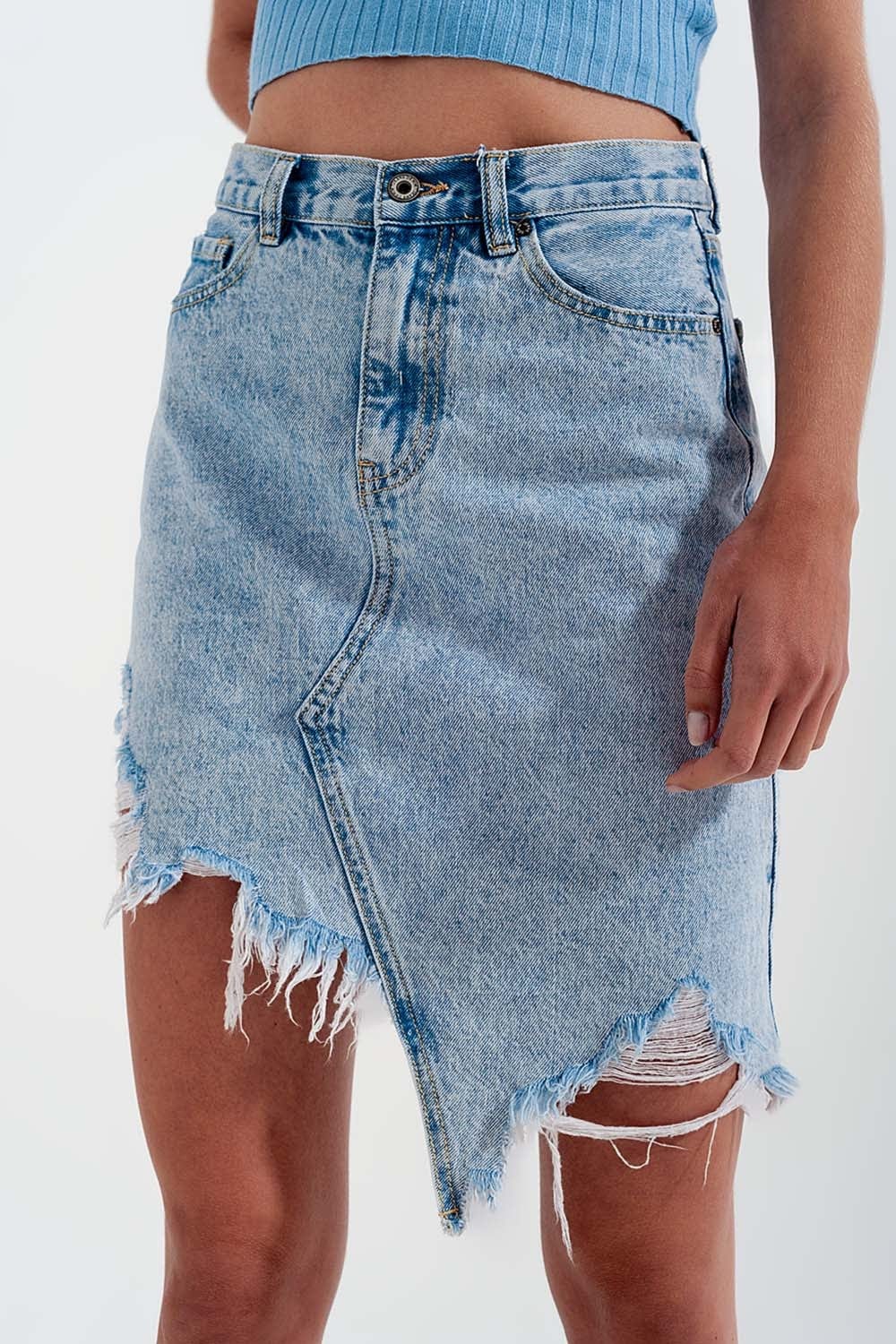 Q2 Women's Skirt Distressed Denim Skirt in Bleach Wash