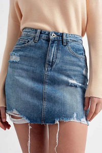 Q2 Women's Skirt Distressed Hem Denim Mini Skirt