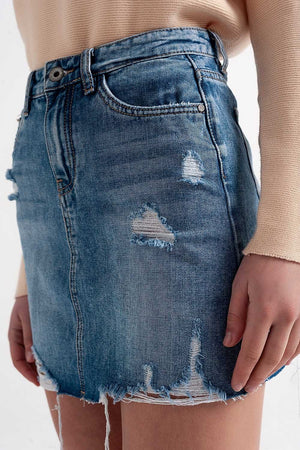 Q2 Women's Skirt Distressed Hem Denim Mini Skirt