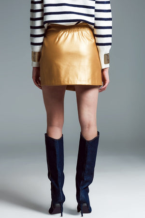 Q2 Women's Skirt Faux Leather Mini Skirt With Bow On The Side In Gold