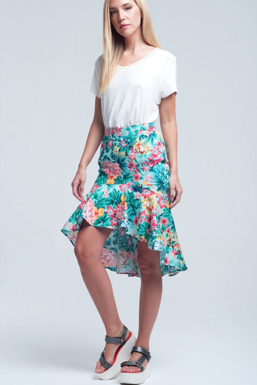 Q2 Women's Skirt Floral asymmetrical green skirt